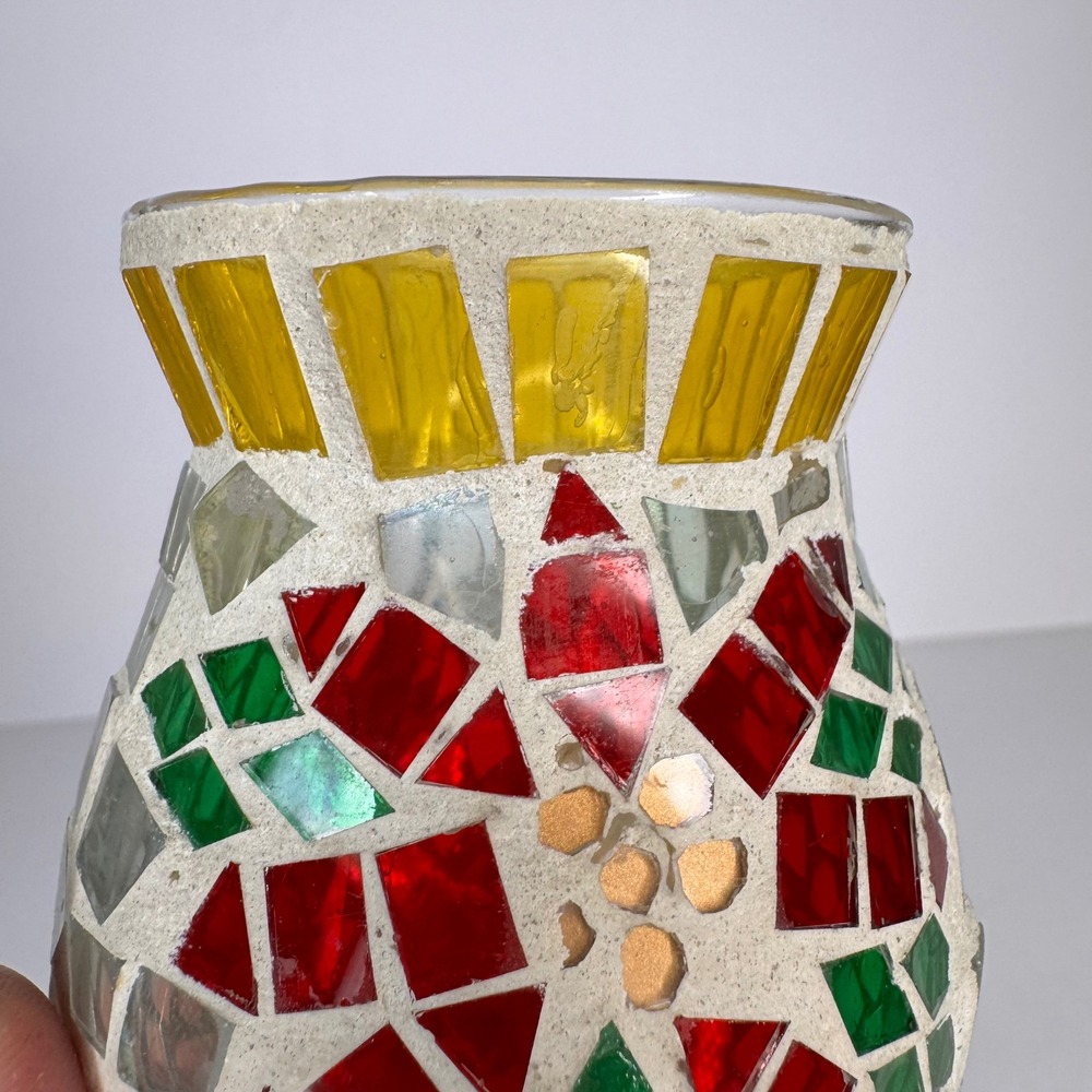 Mosaic Glass Poinsettia Night Light Red Floral Holiday Christmas Plug-In Lamp - Picture 3 of 12